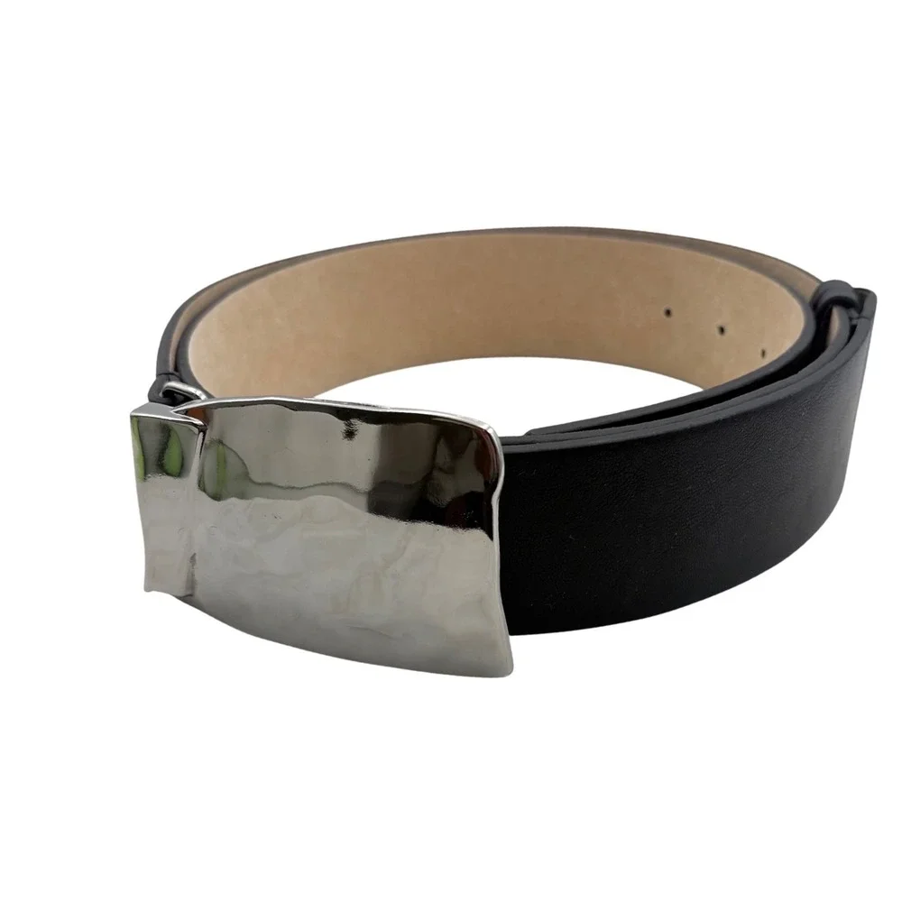 Chico's Belt Women M/L Black Hammered Silver Large Buckle Wide Leather Backed